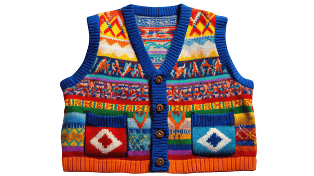 Brightly colored knitted vest with playful patterns on transparent background png