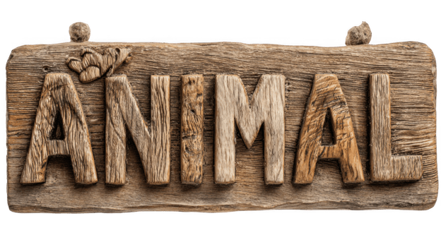 Rustic wooden sign spelling animal on transparent background png