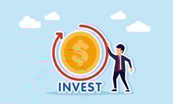 Businessman standing next to a dollar coin with circular arrow and the word invest illustration of financial management skills for business investment vector