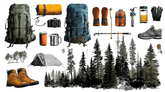 Essential camping and hiking equipment collage with transparent background png
