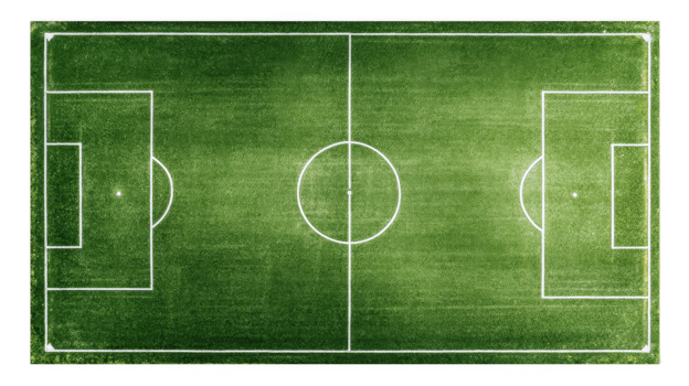 Aerial view of empty soccer field on transparent background png