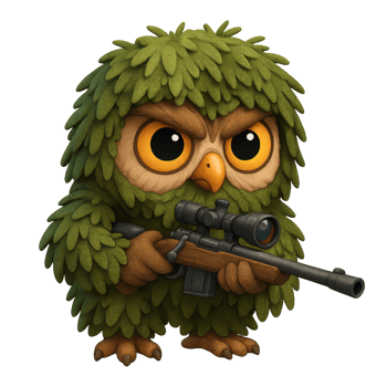 Cartoon Sniper Owl Character in Green Camouflage Style Art png