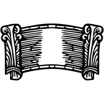 Blank vintage scroll banner with ornate decorative columns, hand drawn engraving style, black and white illustration vector