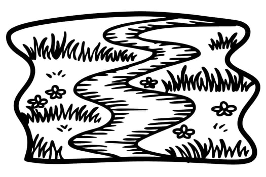 Winding river flowing through grassy meadow with wildflowers, black and white hand drawn landscape illustration vector