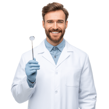 Smiling dentist holding dental mirror on transparent background. png