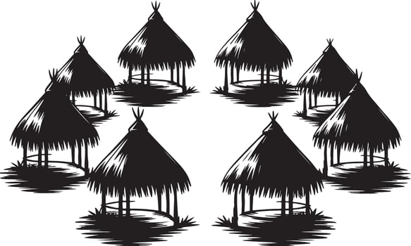 Seven thatched huts in a circular pattern. vector