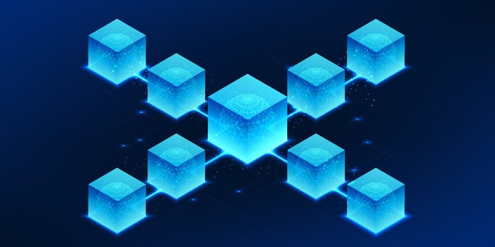 Quantum Technology, a series of interconnected square boxes, represents quantum technology processing that works in parallel and at a fast particle level to support new-age data and algorithms vector