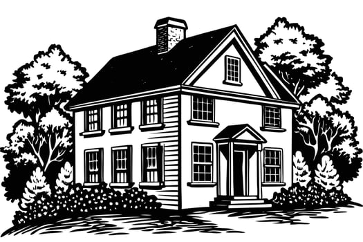 Serene Black and White Illustration of a Classic Colonial House nestled amongst Lush Greenery on a Sunny Day vector