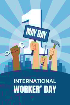 Illustration of diverse raised hands holding tools in celebration of May Day. A symbol of labor power, unity, and global solidarity in a clean flat design. vector