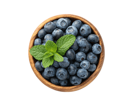 A wooden bowl of fresh blueberries with a few leaves of mint isolated on a transparent background top view png