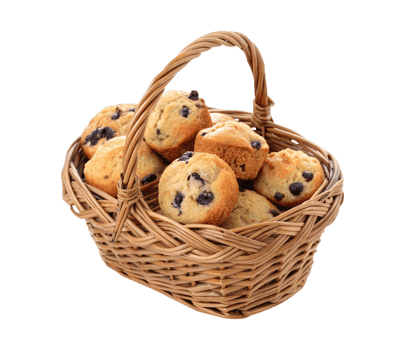 A rustic basket full of freshly baked blueberry muffins isolated on a transparent background png