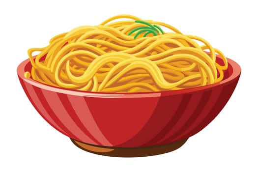 Delicious Golden Noodles in a Red Bowl, Appetising Asian Cuisine, Simple Food Illustration - Professional digital artwork with vibrant colors and detailed composition vector