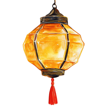 Traditional hanging lantern with warm orange glow and red tassel png