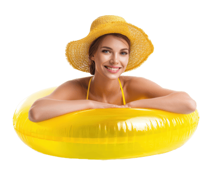 Cheerful woman enjoying summer in a yellow inflatable ring png