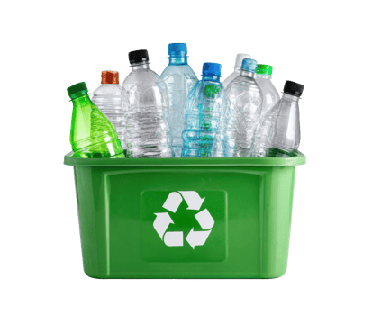Green recycling bin overflowing with various plastic bottles png