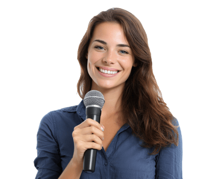 Engaging speaker with microphone showing confidence and enthusiasm png
