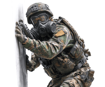 Military personnel in gas mask navigating hazardous environment png