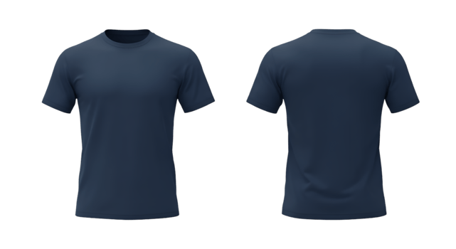 Dark Blue Crew Neck TShirt Front and Back Views on Transparent Background png
