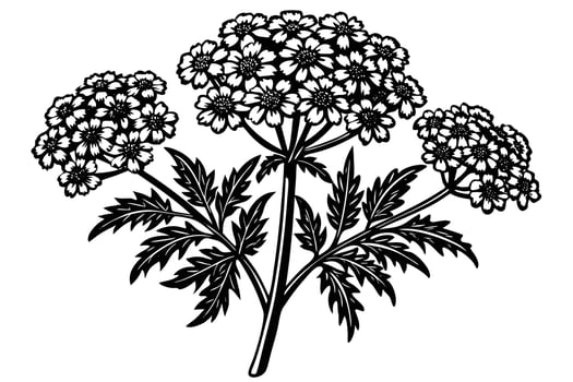 Elegant Black and White Illustration of Yarrow Flowers Blooming Gracefully in a Serene Garden Setting vector