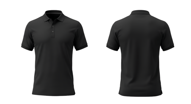 Front and Back View of a Black Polo Shirt with Three Buttons png