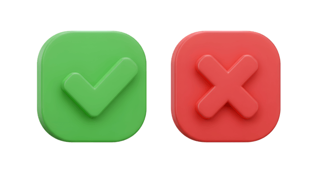 Green checkmark and red crossmark icons with rounded square bases 3D rendering png