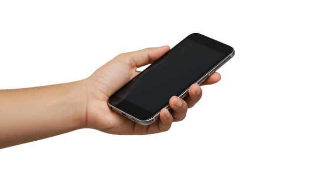 Hand Holding Sleek Black Screen Smartphone with Silver Trim at an Angle png