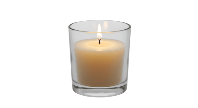 Lit Vanilla Candle in Clear Glass Holder with Bright Flame png