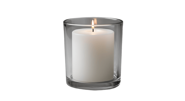 Lit white pillar candle inside a clear glass holder soft glow png