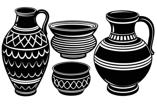 Elegant Black and White Pottery Collection Decorative Jars and Bowls in Classic Style, Isolated on White Background vector