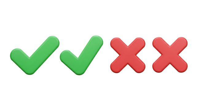 Two Green Checkmarks and Two Red Crosses in a Row Isolated png
