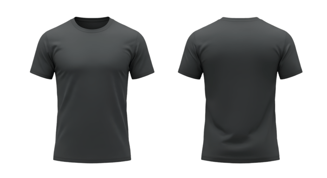 Two dark gray crew neck tshirts front and back view short sleeves png