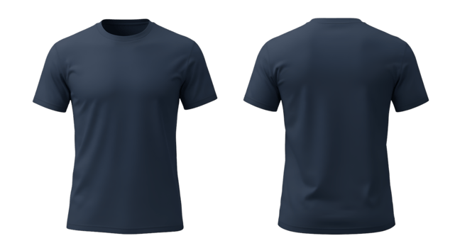 Two navy blue tshirts front and back view short sleeves crew neck png