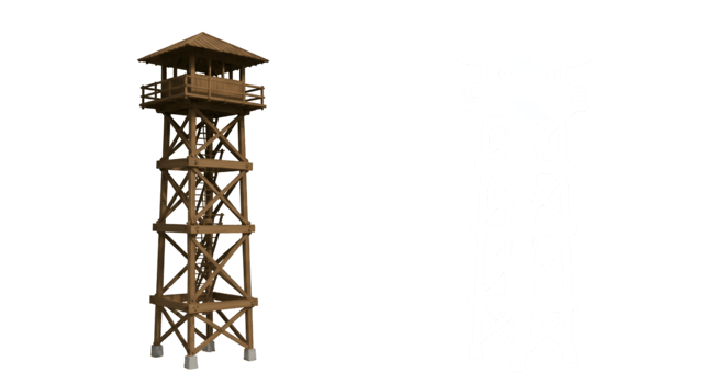 Wooden Lookout Tower with Ladder and Overhanging Roof Supported by Concrete Bases png