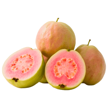 Close-up of fresh, ripe pink guavas, some sliced, on a clear backdrop png