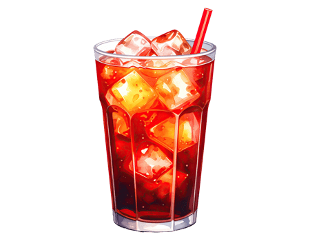 Watercolor illustration of a classic cola drink in a glass with ice. png