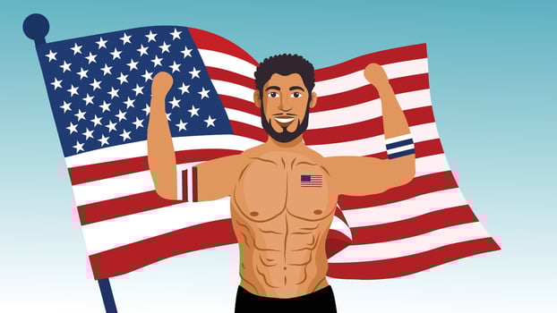 Muscular American Man Celebrating Freedom with Large United States Flag vector