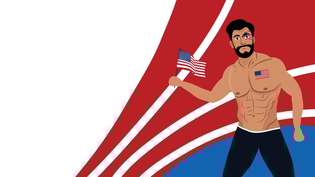 Patriotic Muscular Man Holding American Flag with Bold Red and White Wave Background vector
