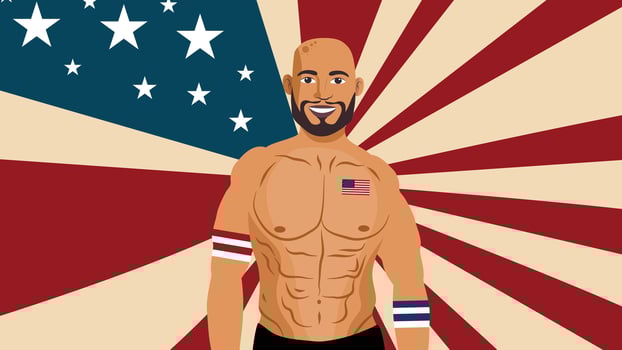 Muscular Patriotic Man with American Flag and Star Background Representing Strength and Freedom vector