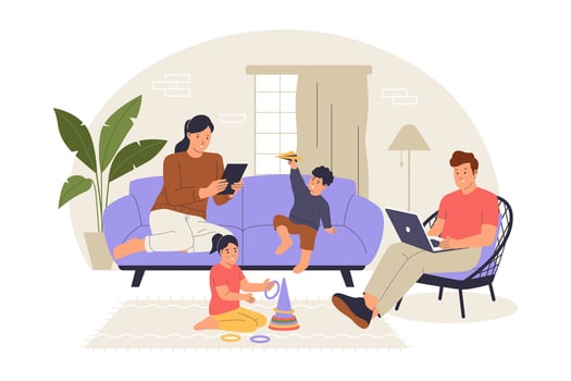 Happy Family at Home with Parents Working and Kids Playing Together Illustration vector