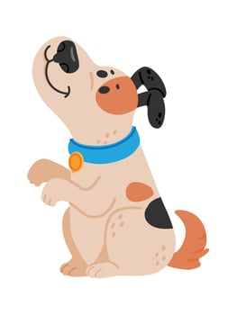 Playful spotted puppy raising paws and tilting head wearing blue collar with golden medal, begging for treats or attention, isolated cartoon illustration on white background vector