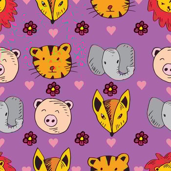 Seamless pattern with cute cartoon head animals and hearts. vector