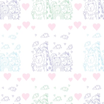 Seamless pattern with cute cartoon animals and hearts. vector