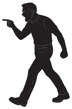 Silhouette of a man pointing a finger forward in a confrontational stance, silhouette of aggressive man pointing forward vector