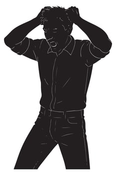 Silhouette of a man pulling his hair in frustration, elbows wide, silhouette of frustrated man vector