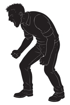 Silhouette of a man bent forward shouting with both fists down, aggressive man silhouette vector