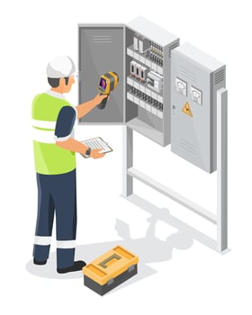Technician using thermal scanner to inspect electrical control cabinet for heat anomalies during routine maintenance procedure vector