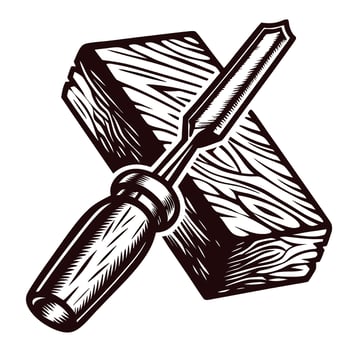 vintage wood chisel and carpentry woodcut illustration showing hand tool with wood plank in classic engraved vector