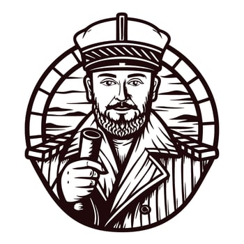 Vintage monochrome illustration of bearded ship captain holding a scroll in a nautical emblem circle vector