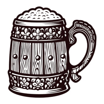 Vintage engraved wooden beer mug with ornamental floral carving and frothy foam illustration vector