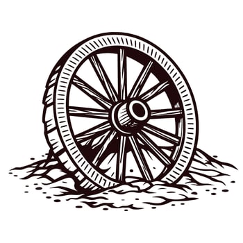 Hand drawn vintage wooden wagon wheel resting on ground engraved rustic illustration isolated on white background vector
